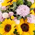 Sanfte Engergie: 10 Sonnenblumen und rosane Chrysanthemen