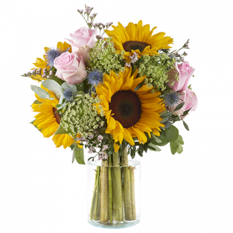 Sunrise: Sonnenblumen und rosa Rosen