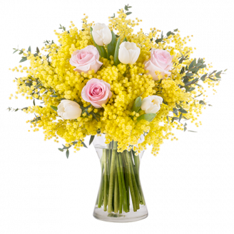 Forte e Coraggiosa: Tulipani e Rose con Mimosa