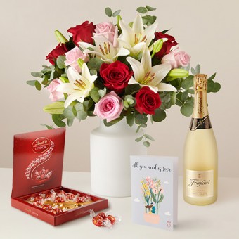 Best Wishes : Roses et Lys, Cava, Chocolats et Carte