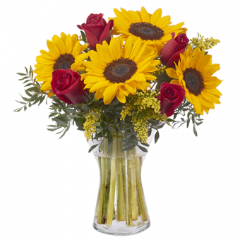 Tokio: Sonnenblumen und rote Rosen