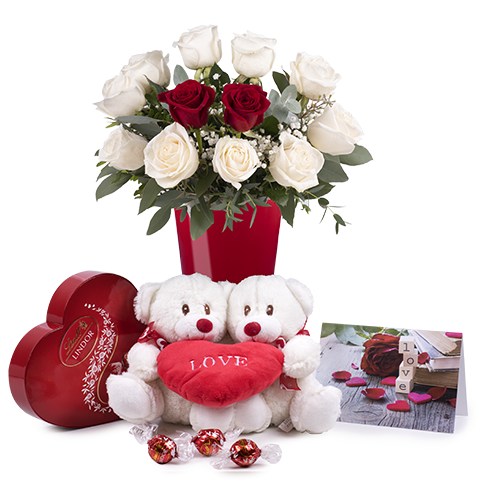teddy bear with roses and chocolates
