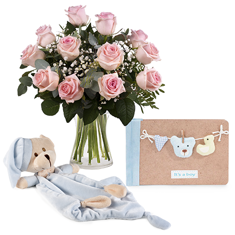 Doudou bleu et bouquet de roses