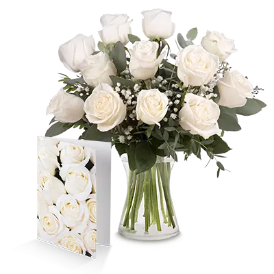 12 Roses Blanches Et Une Carte Fleurs D Anniversaire Et Cadeaux Floraqueen
